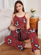 Ribbed cami and pants pajama set with butterfly print - View 11 | TEVQA