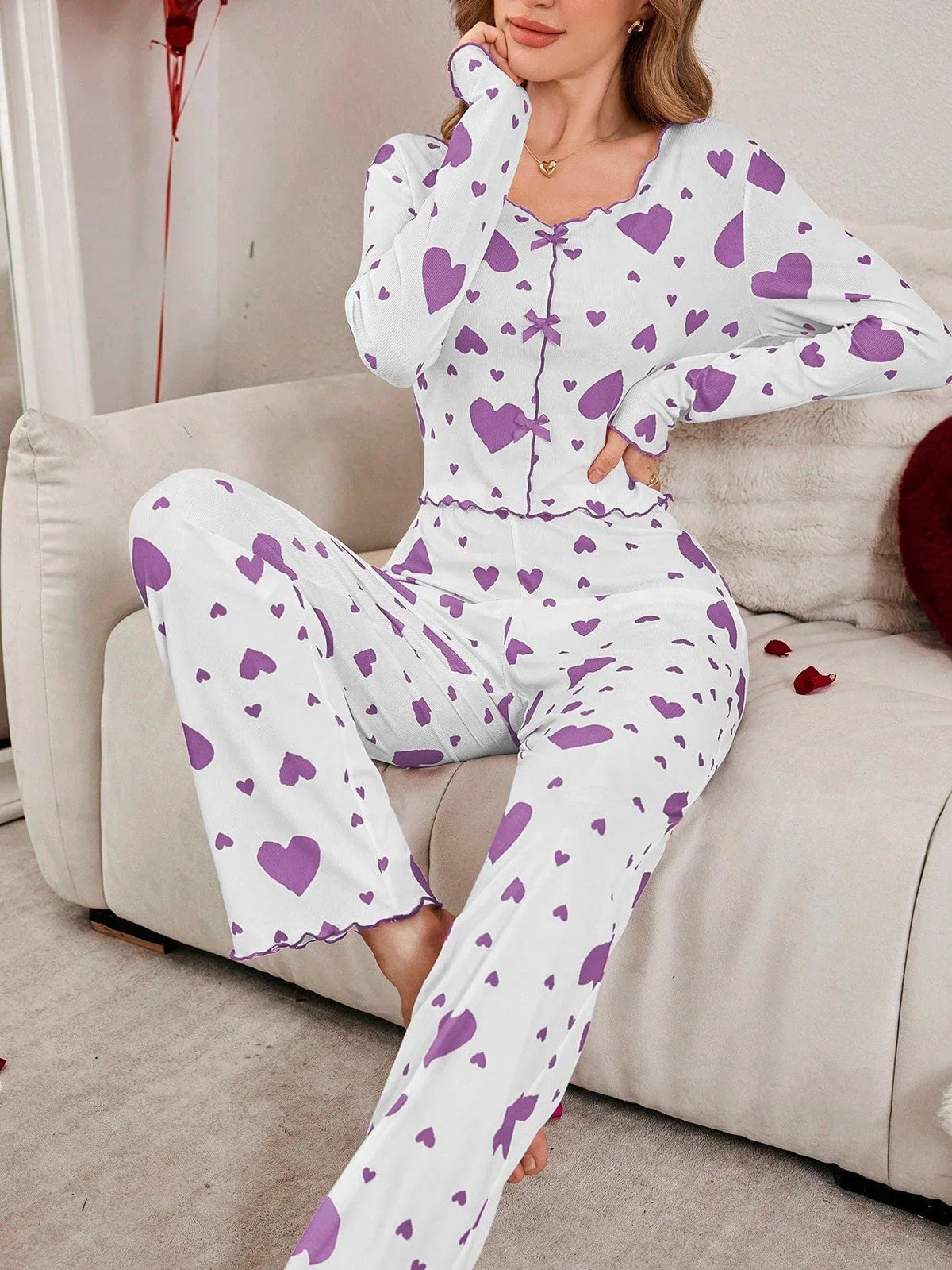 Ribbed Heart Print Pajama Set - View 36 | TEVQA