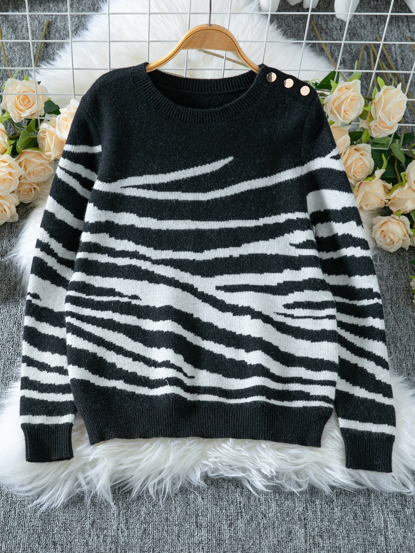 Elegant Zebra Print Crew Neck Sweater