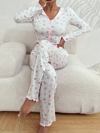 Tulip Floral Ribbed Henley Pajama Set - TEVQA