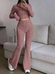Vintage Moss Ribbed Knit Two-Piece Set - TEVQA
