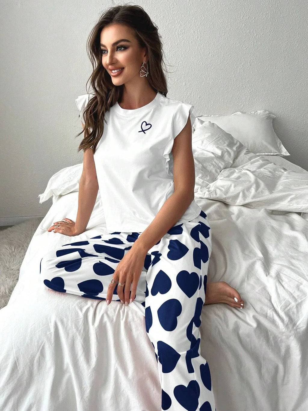 Heart print pajama set with ruffle sleeves - View 23 | TEVQA