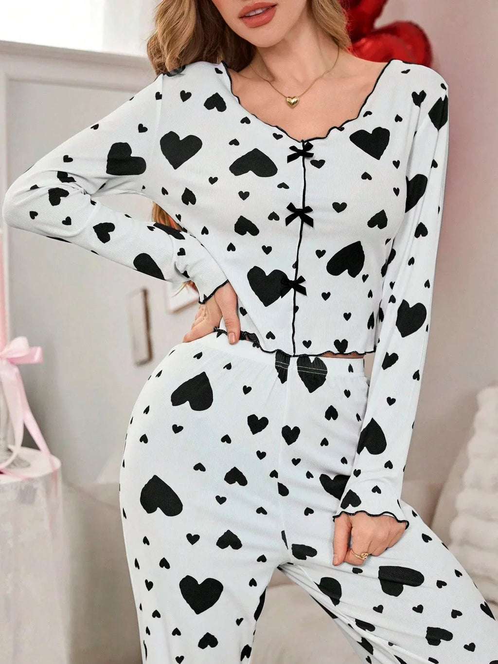 Ribbed Heart Print Pajama Set - View 17 | TEVQA