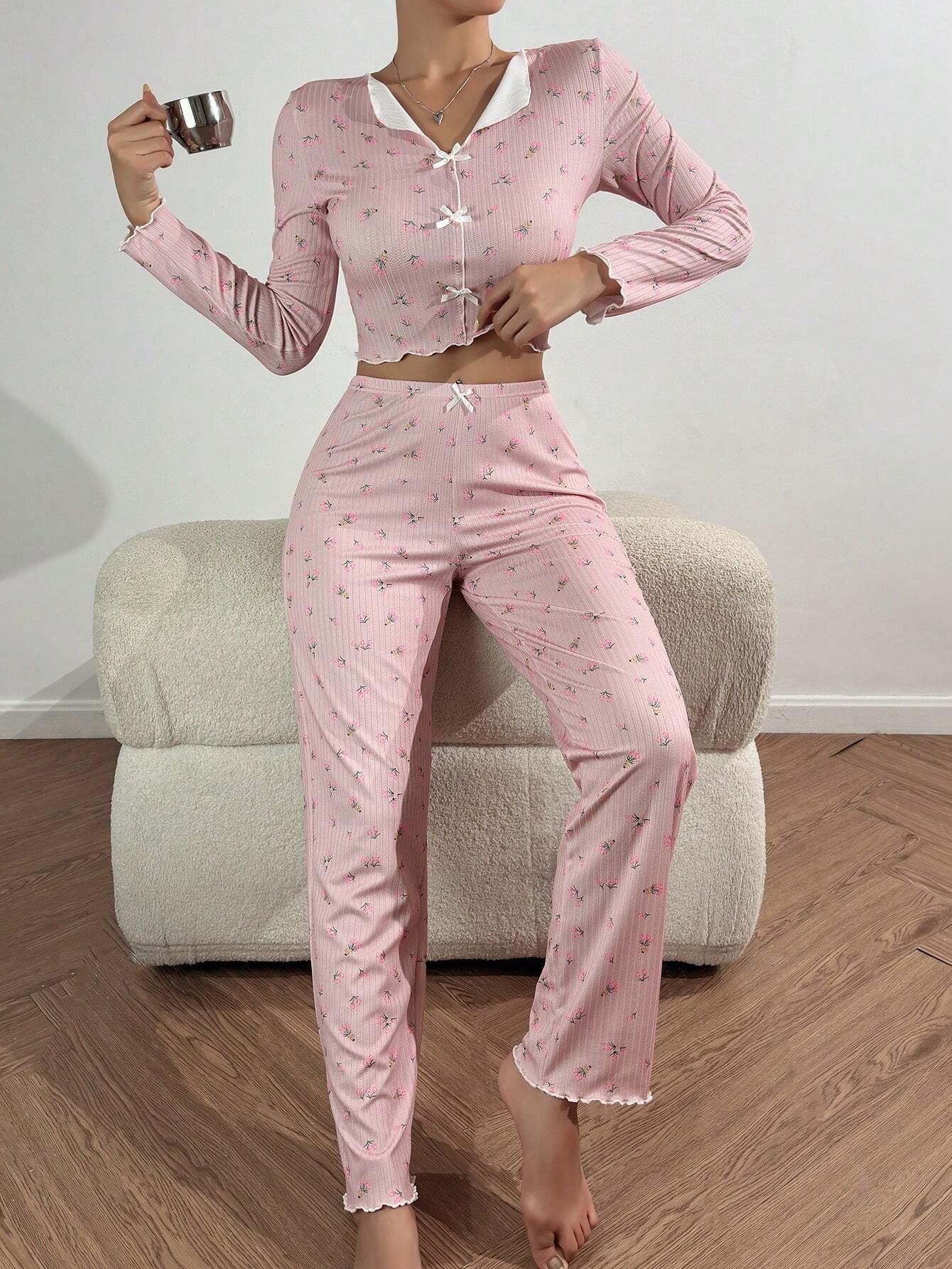 Tulip Floral Ribbed Henley Pajama Set