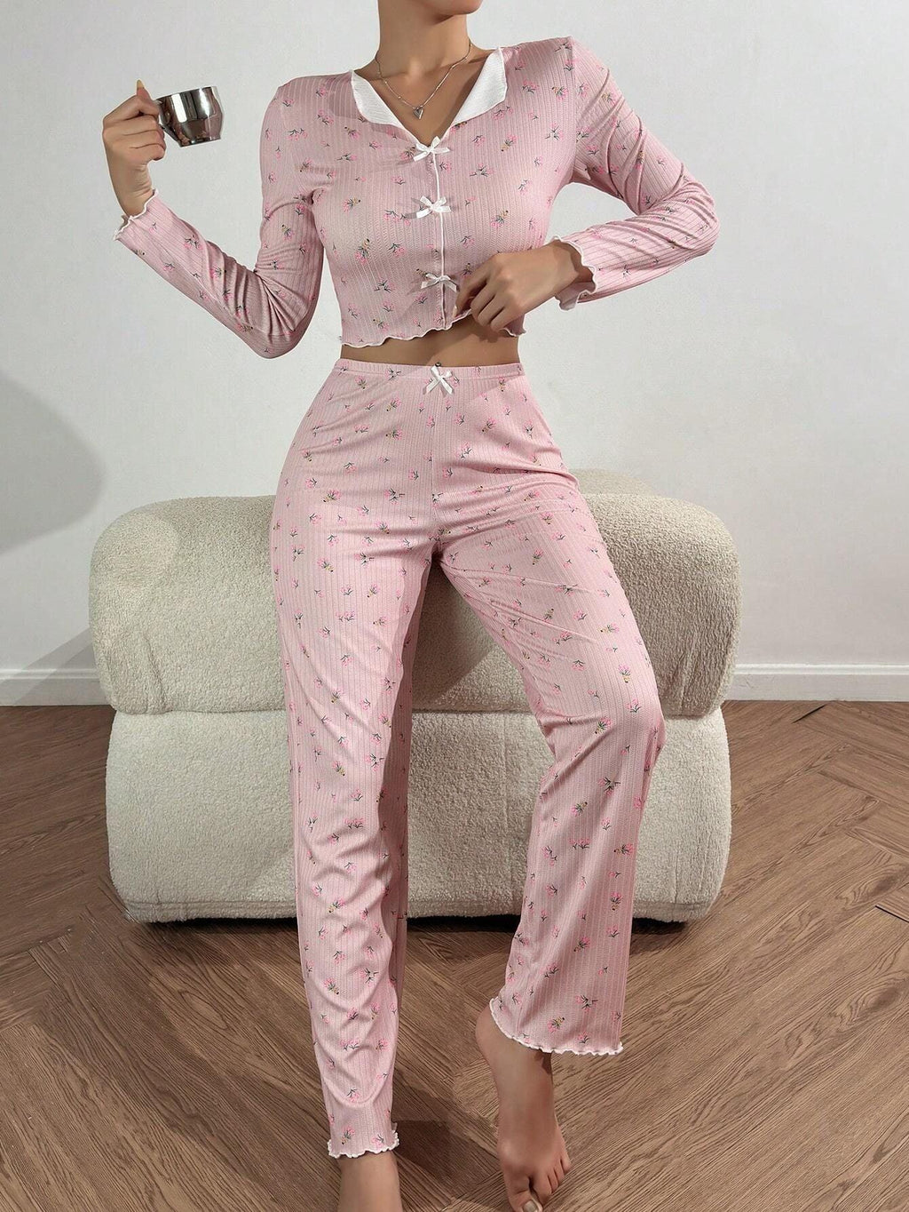 Tulip Floral Ribbed Henley Pajama Set - TEVQA