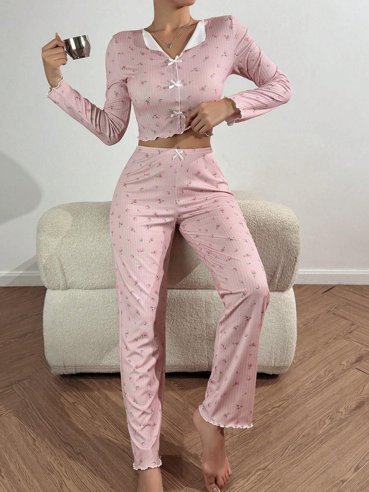 Tulip Floral Ribbed Henley Pajama Set - TEVQA