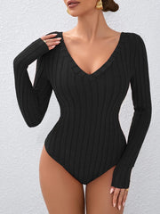 Heather Grey Soft Ribbed Knit V-Neck Long Sleeve Bodysuit - View 8 | TEVQA