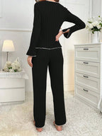 Ribbed pajama set with contrast trim and bow details - View 8 | TEVQA