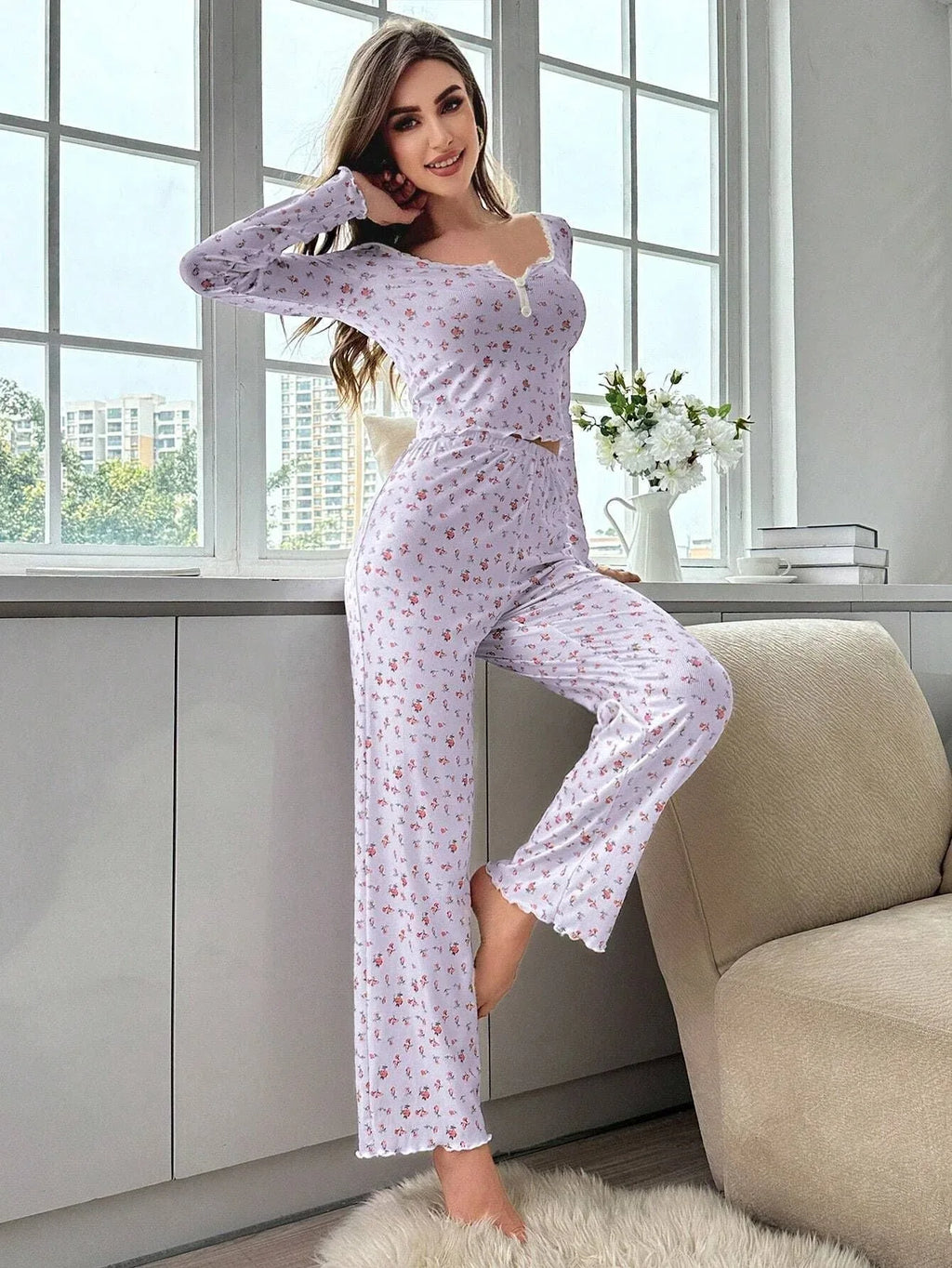 Ditsy floral ribbed henley pajama set - View 20 | TEVQA