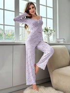 Ditsy floral ribbed henley pajama set - View 20 | TEVQA
