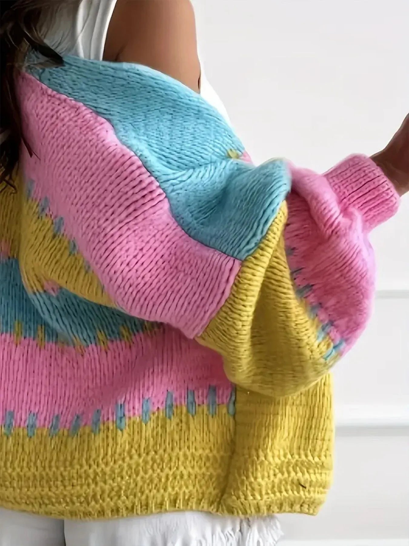 Vibrant Color Block Chunky Knit Cardigan - TEVQA