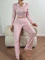 Tulip Floral Ribbed Henley Pajama Set - TEVQA