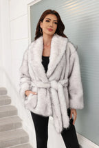 Luxe Grey Belted Faux Fur Coat - View 7 | TEVQA