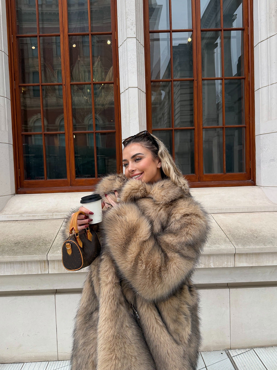 Women's Faux Fur Longline Coat with Lapel Collar - View 7 | TEVQA