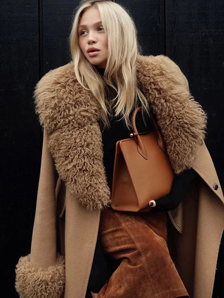 Camel wool blend midi coat with faux shearling trim - View 7 | TEVQA