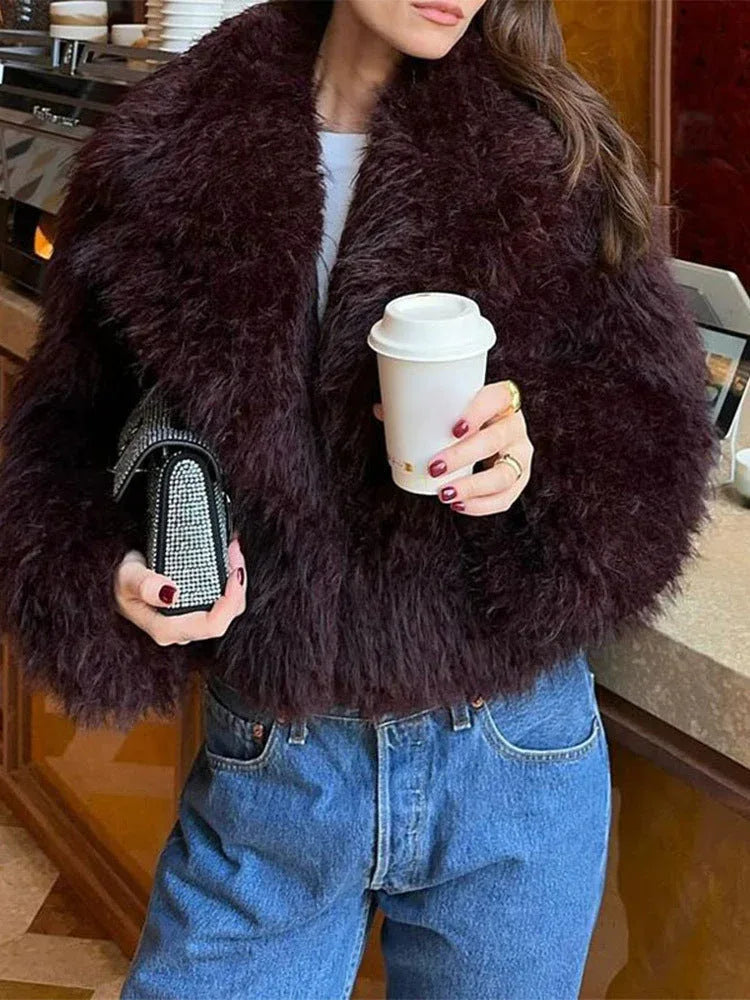 Vamp Burgundy Shaggy Faux Fur Cropped Jacket Secondary image