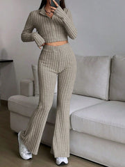 Vintage Moss Ribbed Knit Two-Piece Set - TEVQA