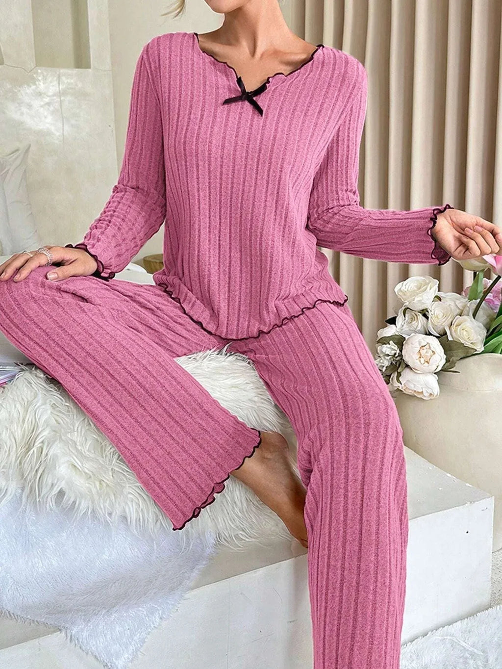 Ribbed Pajama Set with Contrast Trim - View 24 | TEVQA