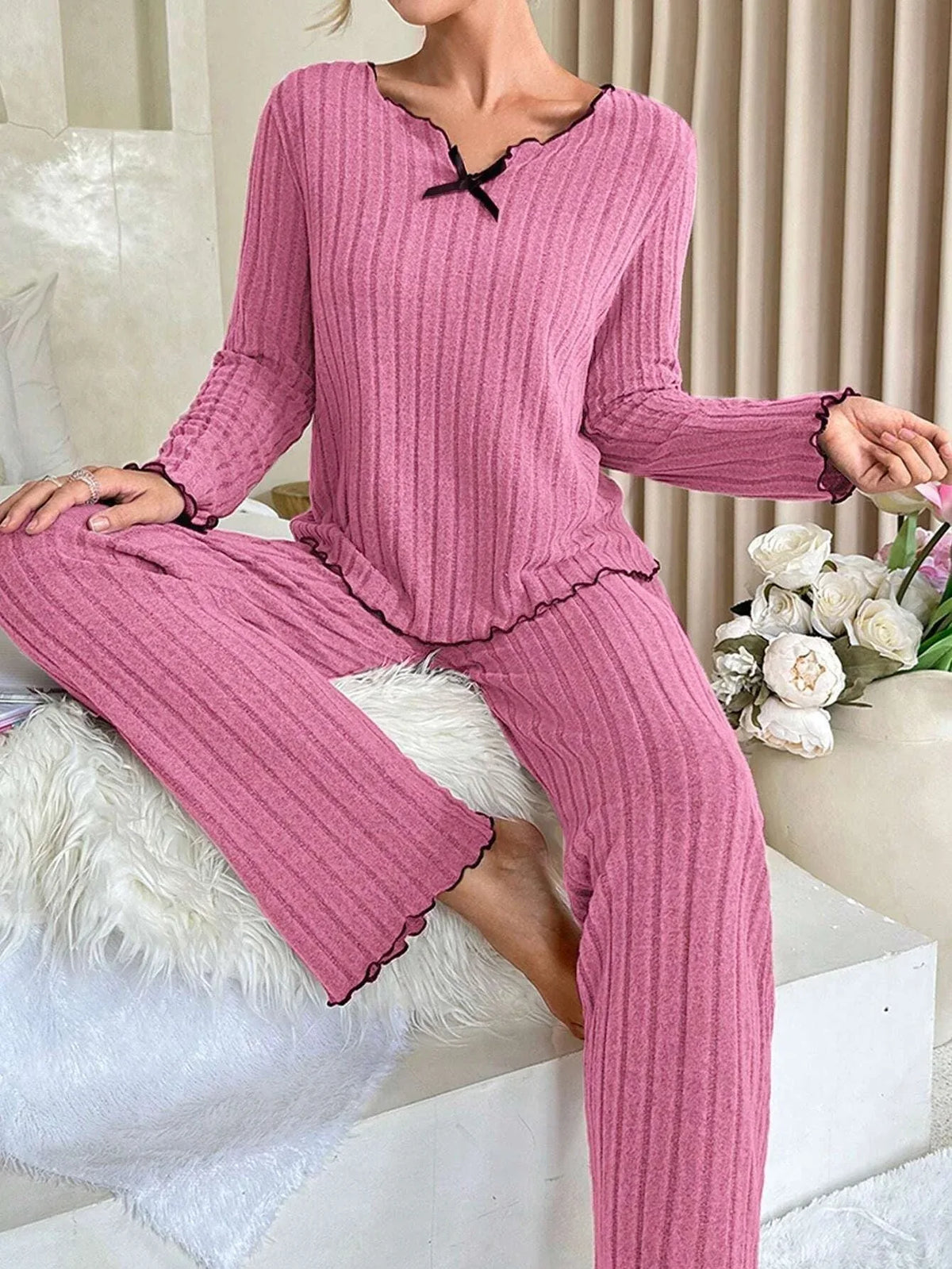 Ribbed Pajama Set with Contrast Trim - View 24 | TEVQA