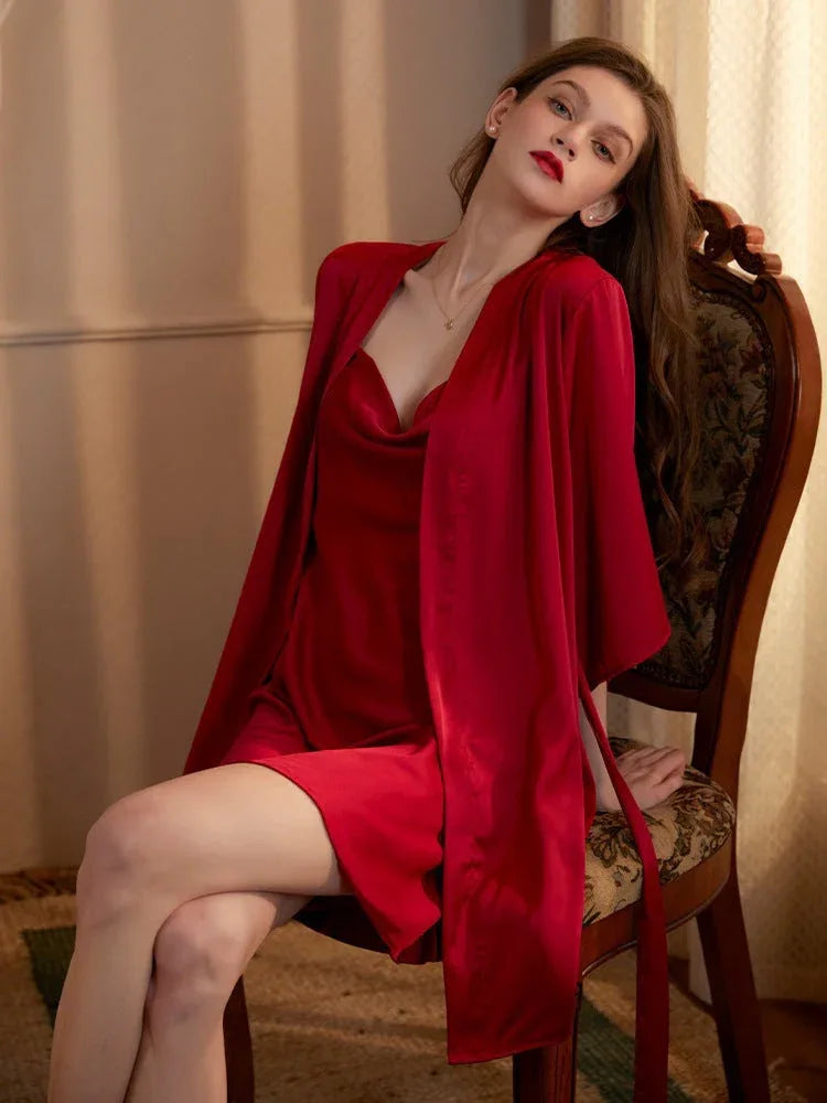 Cutout Twist-Front Satin Slip Dress & Robe Set - TEVQA