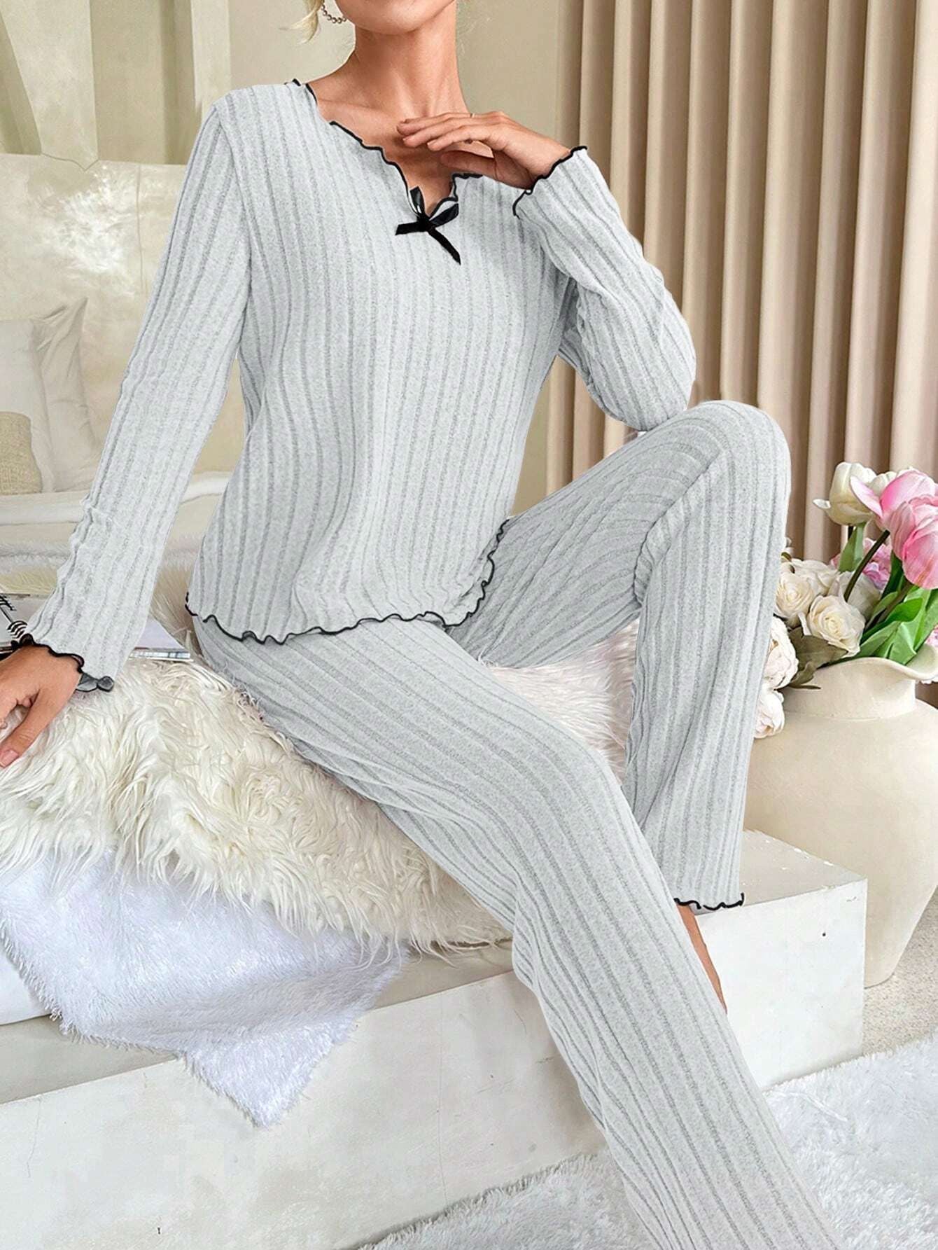 Coquette Contrast Trim Ribbed Pajama Set