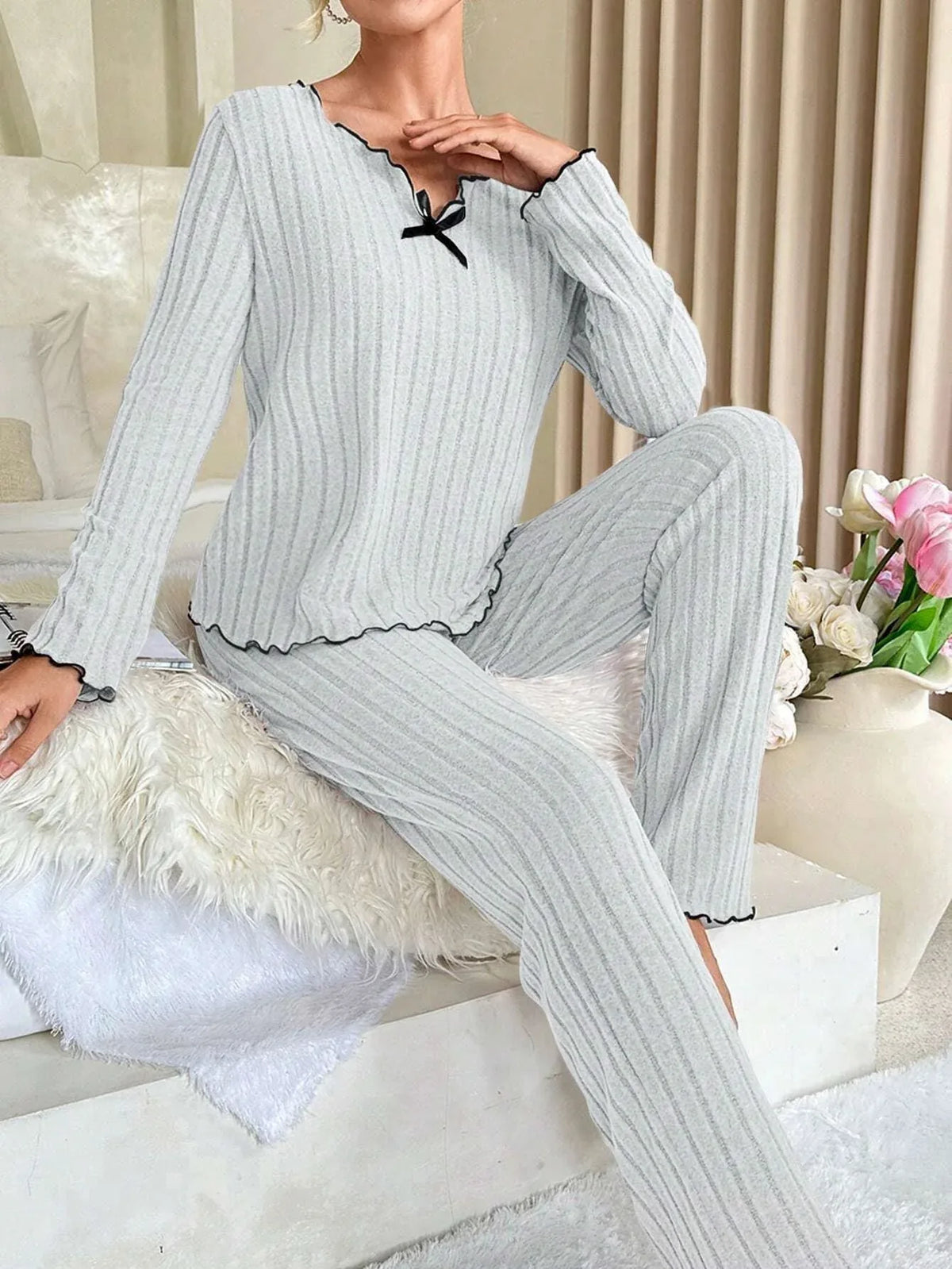 Ribbed Pajama Set with Contrast Trim - View 18 | TEVQA
