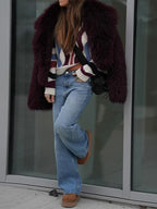 Vamp Burgundy Shaggy Faux Fur Cropped Jacket - TEVQA