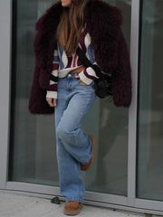 Vamp Burgundy Shaggy Faux Fur Cropped Jacket - TEVQA