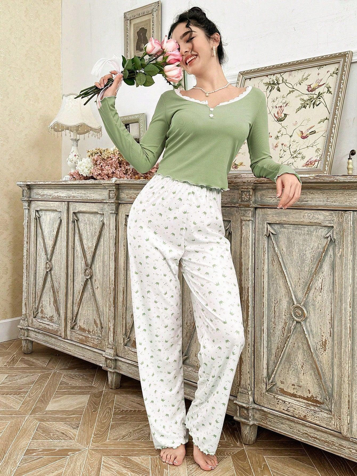 Ribbed knit pajama set with lace trim henley top and crown print bottoms - View 26 | TEVQA