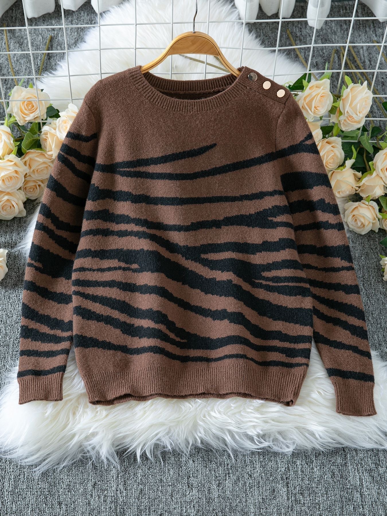 Elegant Zebra Print Crew Neck Sweater