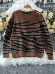 Elegant Zebra Print Crew Neck Sweater
