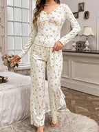 Ribbed Knit Floral Pajama Set - View 17 | TEVQA