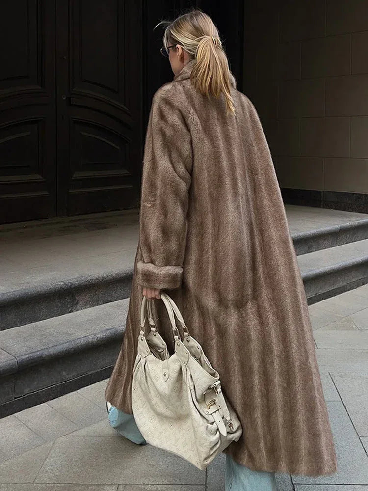 Vintage Mink Texture Faux Fur Long Coat - TEVQA