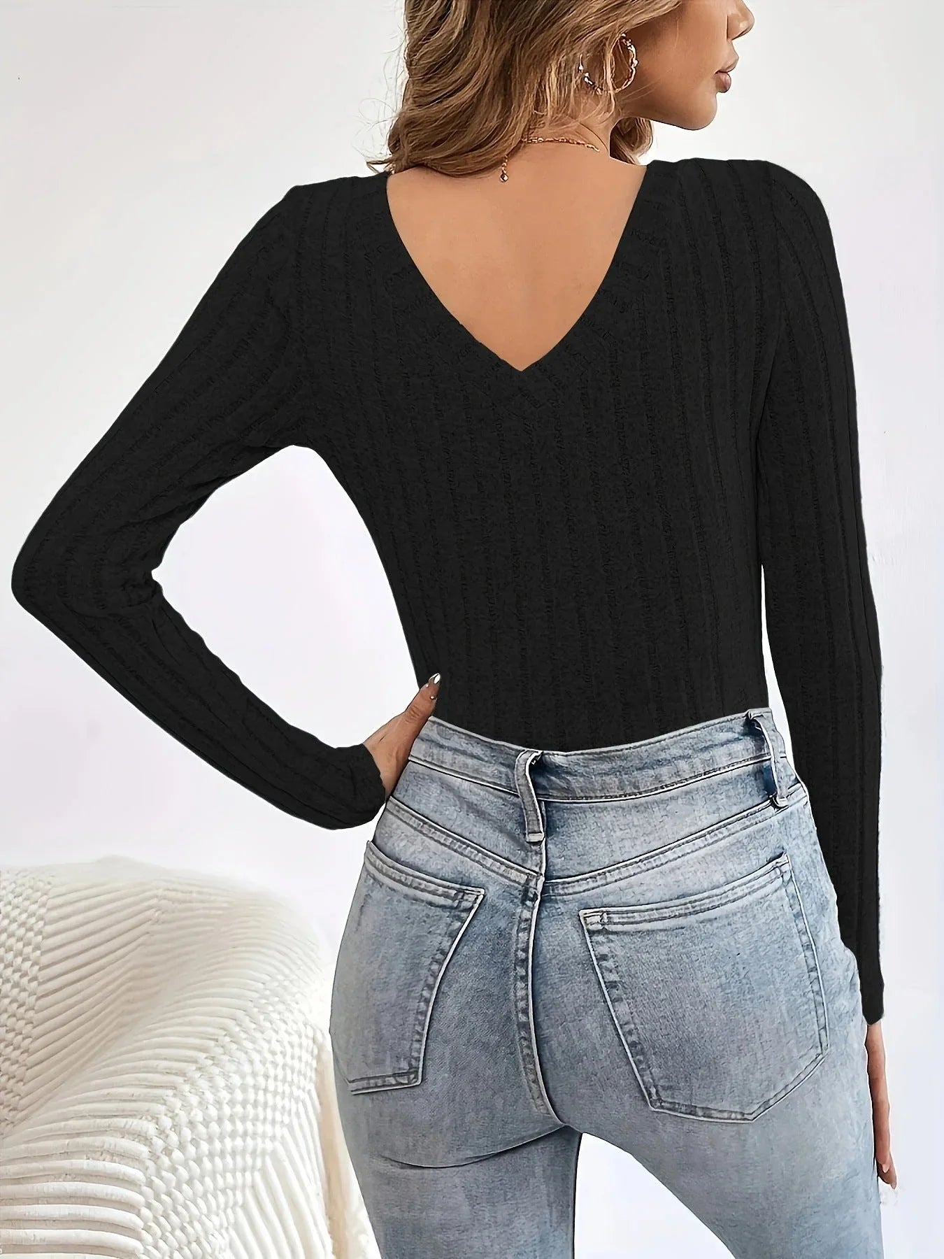 Brushed Ribbed Knit V-Neck Bodysuit - View 6 | TEVQA