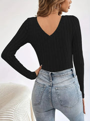 Brushed Ribbed Knit V-Neck Bodysuit - View 6 | TEVQA