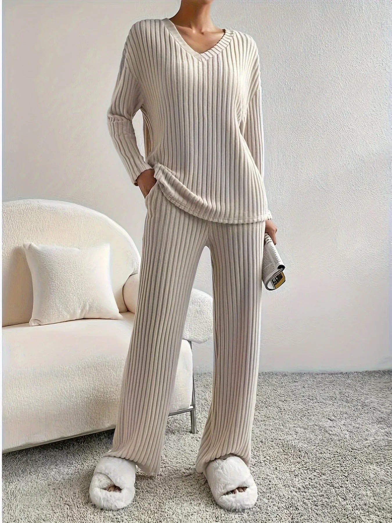 Serenity Blue Ribbed Knit Lounge Set - View 10 | TEVQA
