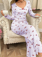 Ribbed pajama set with bow print and v-neckline - View 24 | TEVQA