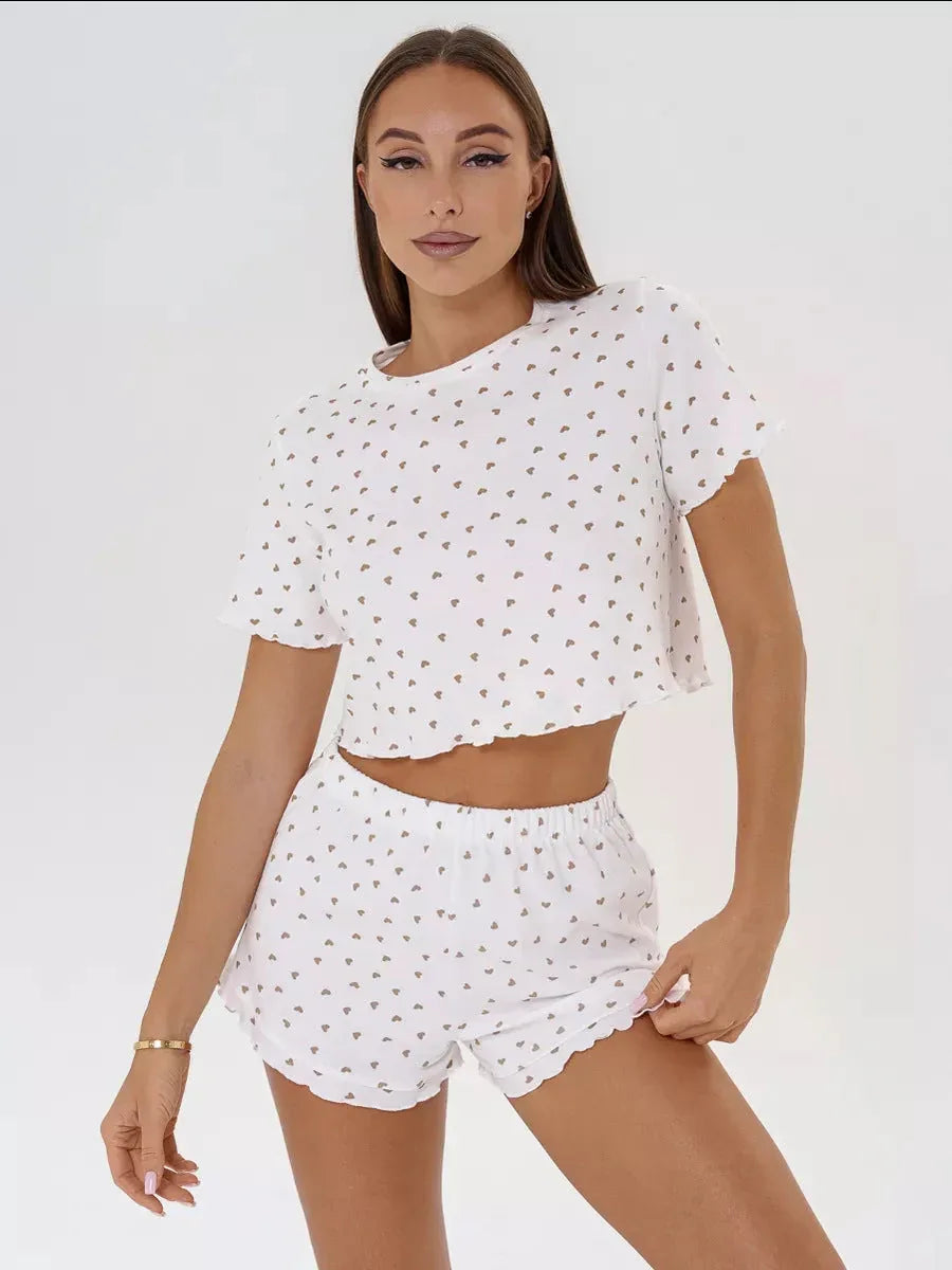 Ditsy Heart Print Ribbed Tee & Shorts Set - View 11 | TEVQA