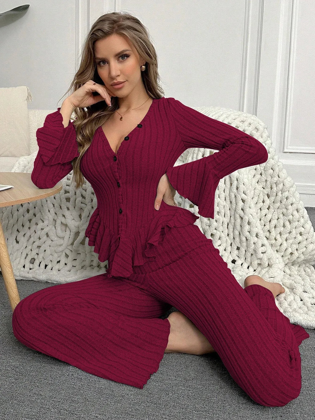 Ribbed Peplum Knit Lounge Set - View 14 | TEVQA