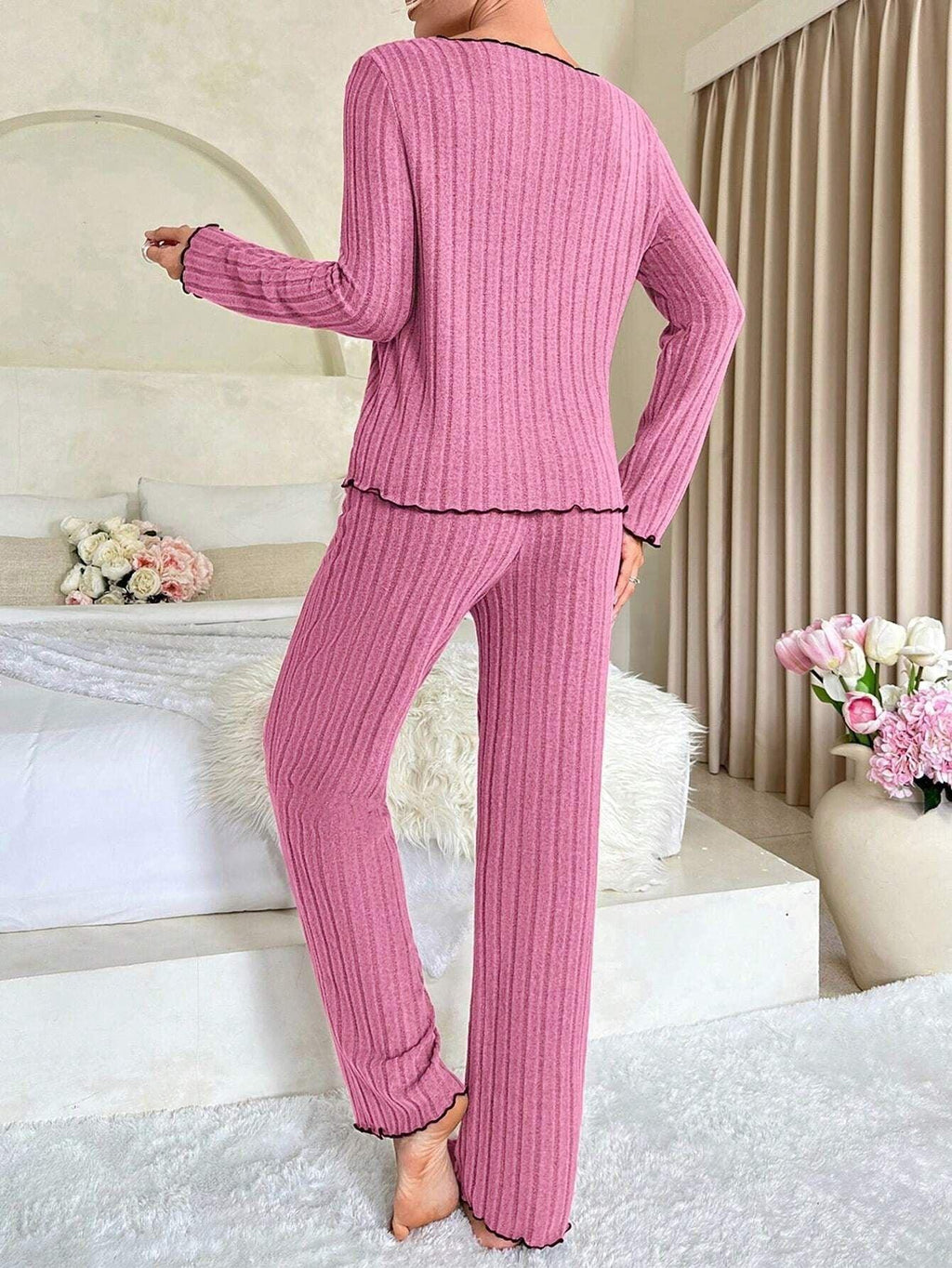 Ribbed Pajama Set with Contrast Trim - View 21 | TEVQA