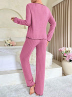 Ribbed Pajama Set with Contrast Trim - View 21 | TEVQA