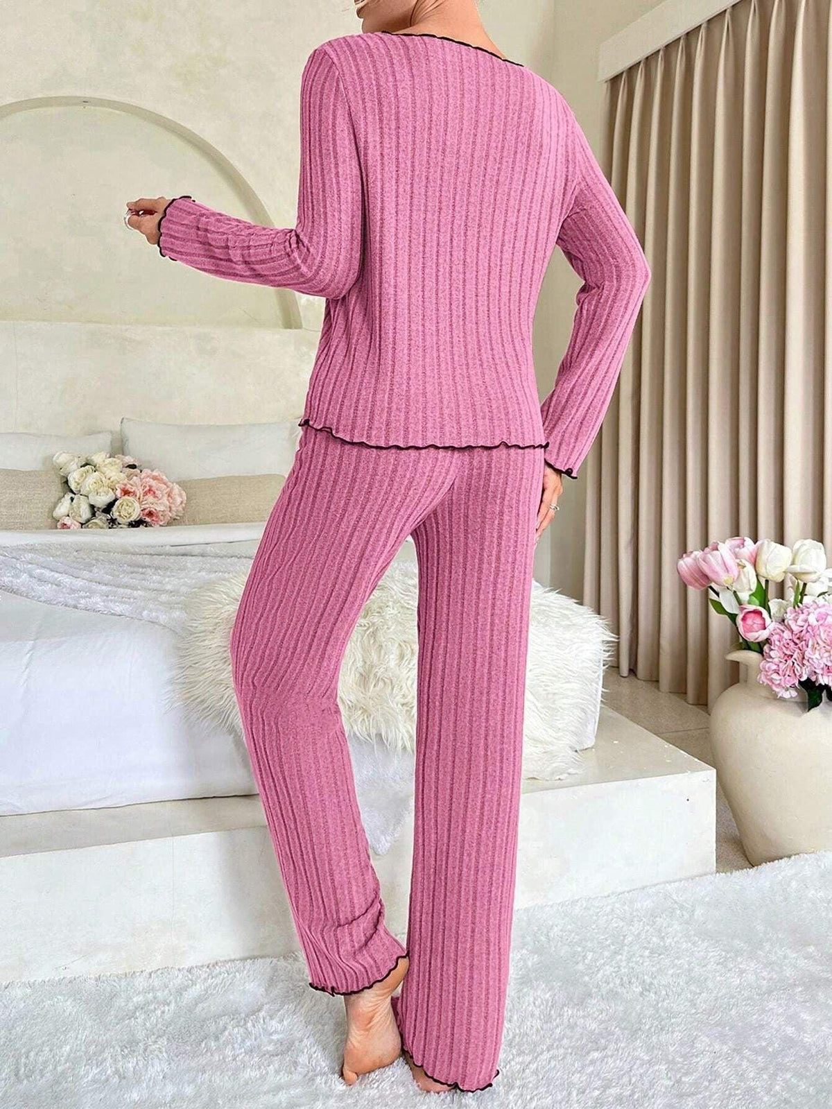 Ribbed Pajama Set with Contrast Trim - View 21 | TEVQA