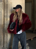 Shaggy faux fur cropped jacket with collarless neckline - View 7 | TEVQA