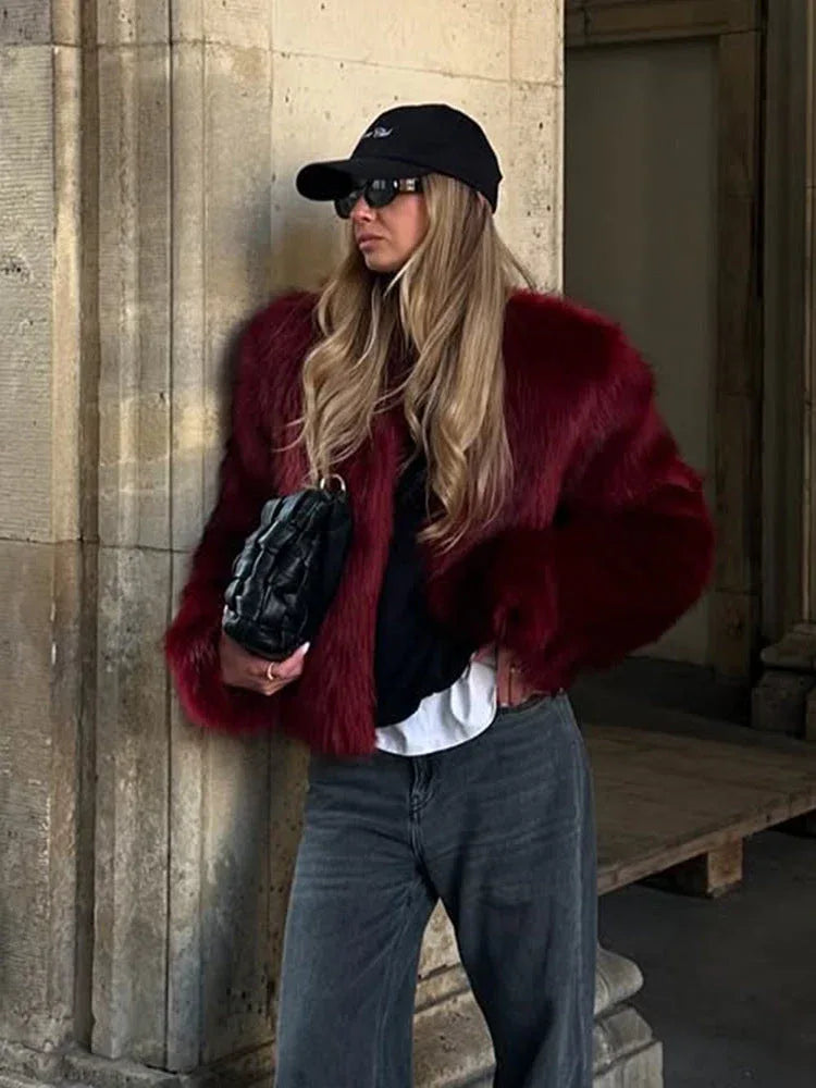 Shaggy faux fur cropped jacket with collarless neckline - View 7 | TEVQA