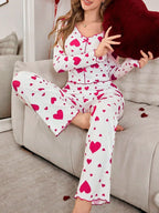 Ribbed Heart Print Pajama Set - View 7 | TEVQA