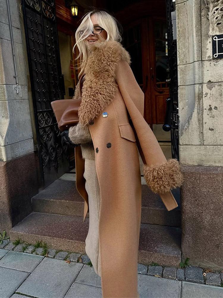 Camel wool blend midi coat with faux shearling trim - View 8 | TEVQA