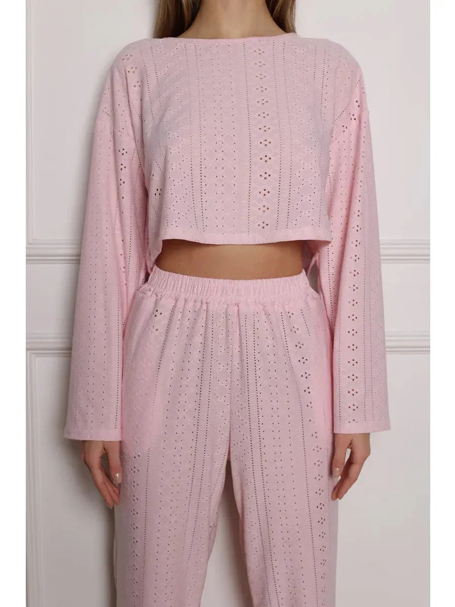 Coquette Aesthetic Pink Eyelet Lounge Set Secondary image