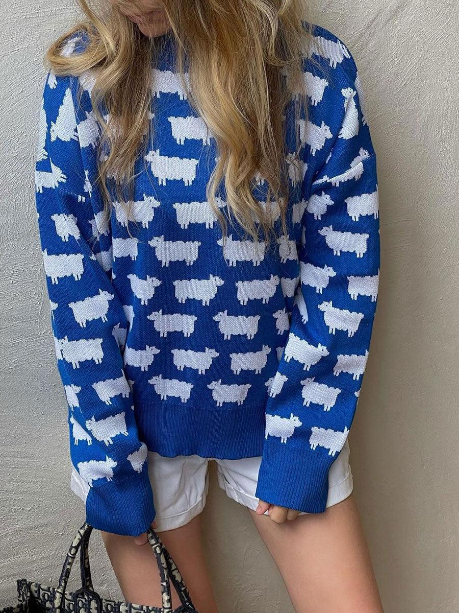 Whimsical Sheep Jacquard Knit Sweater - TEVQA