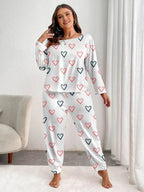 Plus Size Pink Heart Print Jogger Pajama Set - View 21 | TEVQA