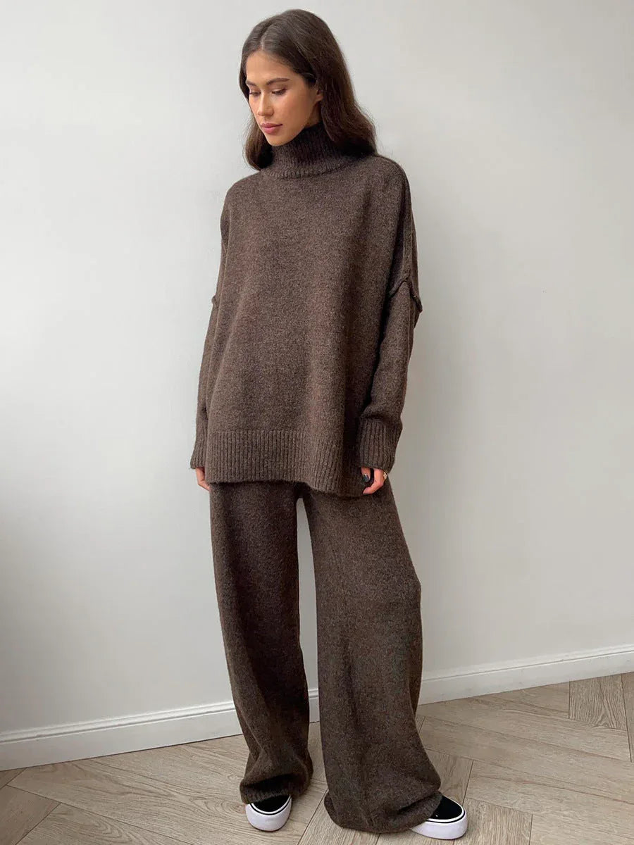 Turtleneck & Wide Leg Knit Two-Piece Set - TEVQA